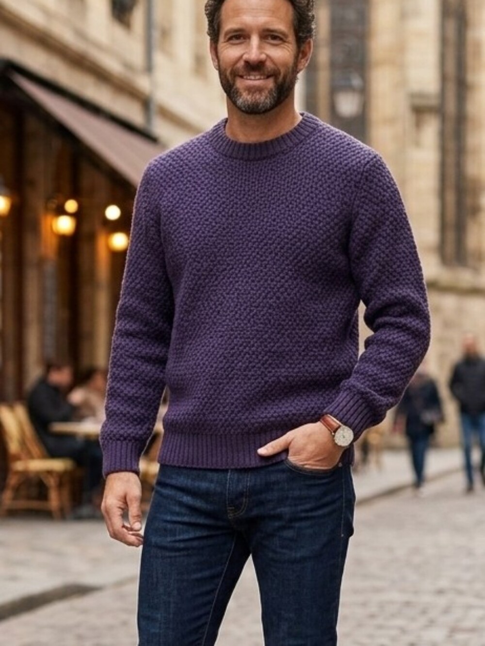 Scappino Marine Purple Merino Wool Blend Heavyweight Knit Crewneck Sweater Italy